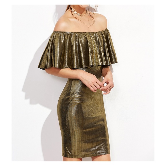 Gold Metallic Off the Shoulder Bodycon Dress - Picture 4 of 4